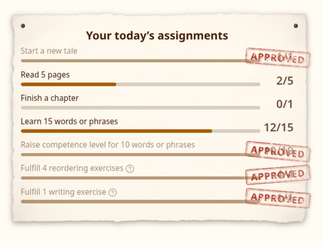 Today’s assignments on a torn sheet: seven tasks with progress bars, four of them stamped APPROVED