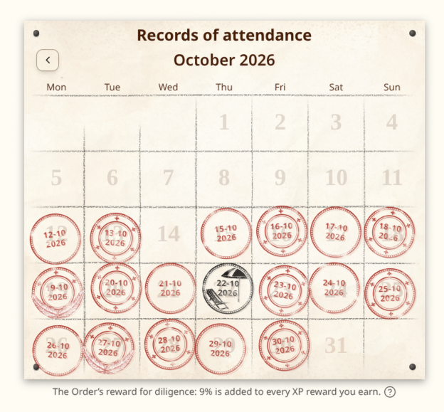 The October calendar with a red stamp on every attended day, a day-off stamp on the 22nd, and the note that 9% is added to every XP reward