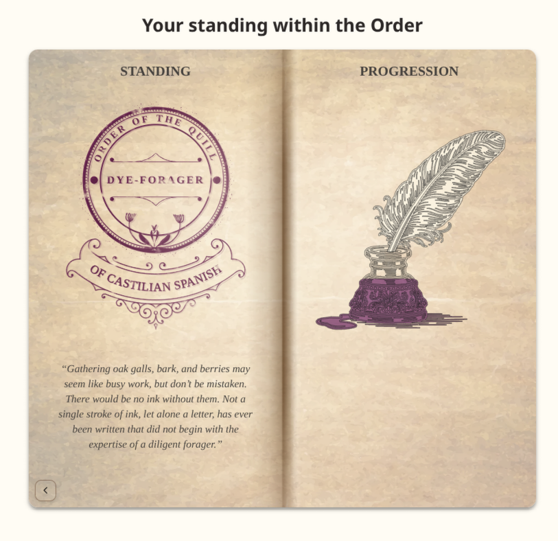 The standing booklet: the Dye-Forager seal of the Order of the Quill for Castilian Spanish on the left page, a quill in a partly filled inkwell on the right
