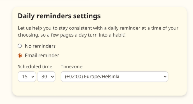 The daily reminder settings: no reminders or email reminder, the scheduled time, and the timezone