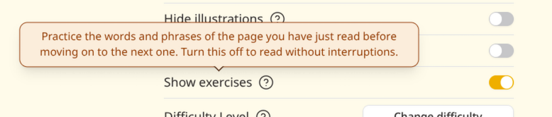The Show exercises switch in the reading settings, with its tooltip open