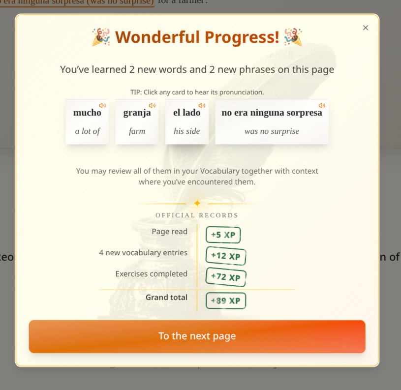 The page summary with four word cards, each with a speaker icon, and the XP ledger below