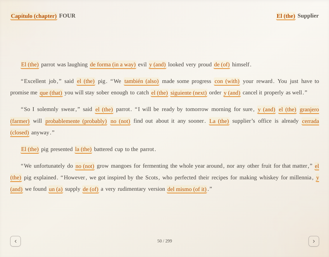The same tale page with more Spanish words, hints on by default